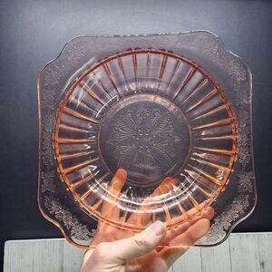 Vintage Pink Depression Glass Serving Bowl 10" with Floral Leaves Etching Design